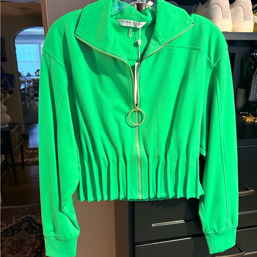 Trina Turk Vibrant Green Cropped Zip Bomber Jacket